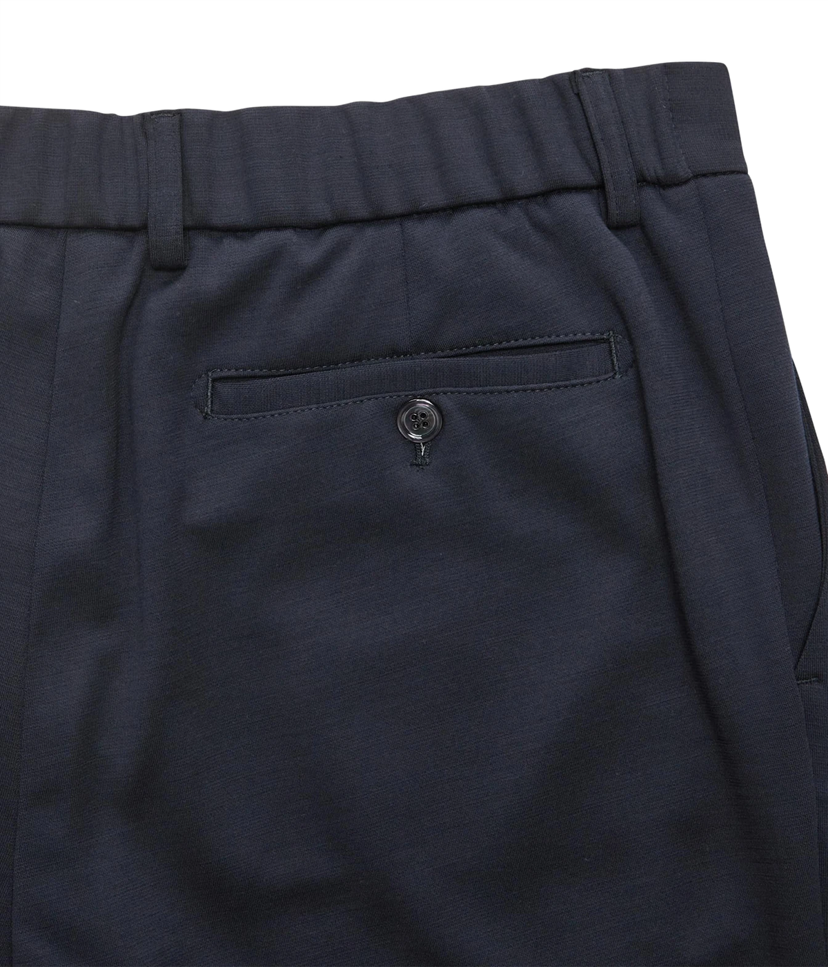 Close-up of Marco Pescarolo Evo Wool Trouser in Navy showing the back pocket with button