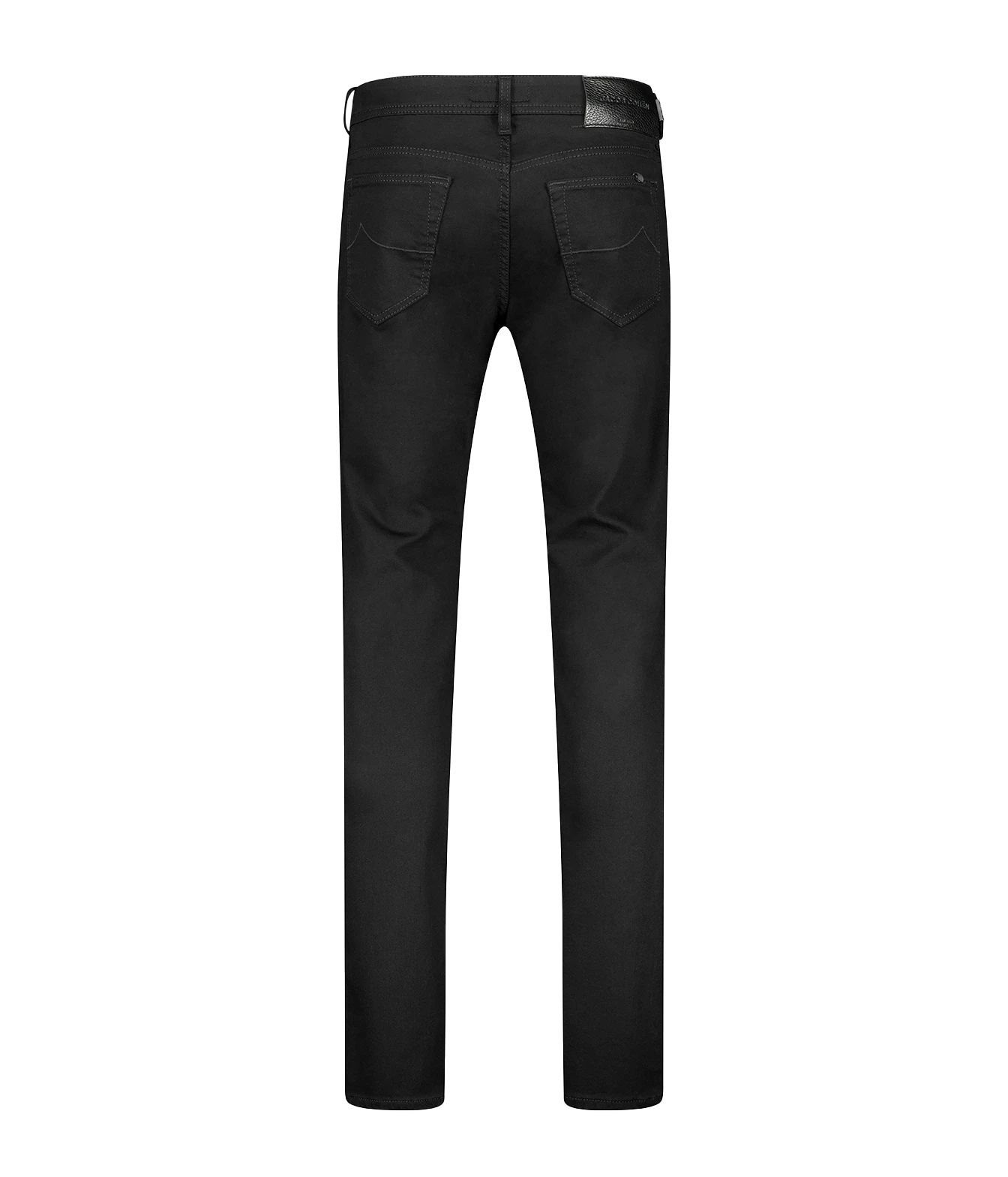 Black slim-fit jeans shown from the back, featuring a belt loop, two rear patch pockets, and a button closure, photographed on a solid white background.