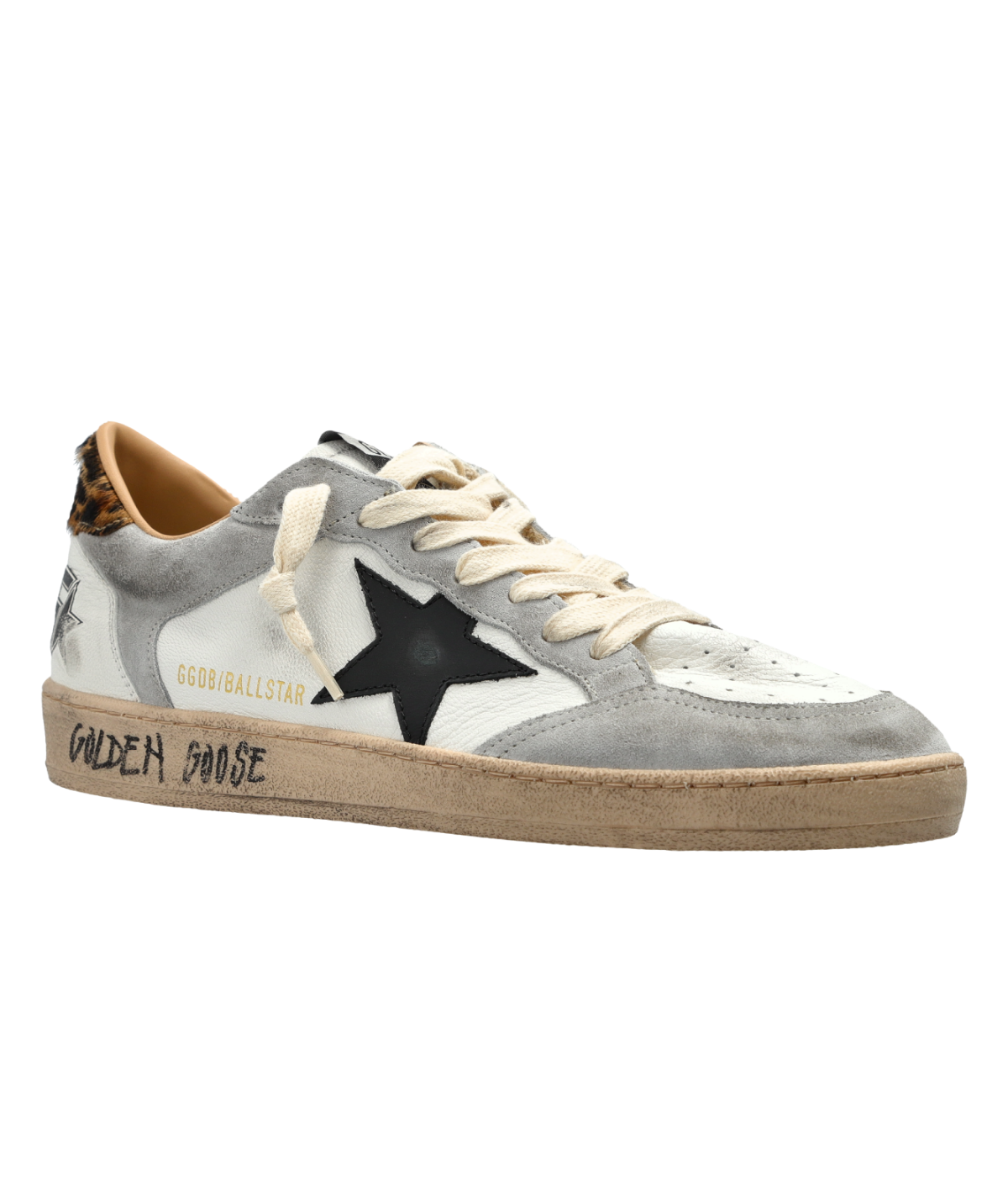 Golden Goose Ball Star Sneaker In White, Grey, Black & Leo - Angled Side shot