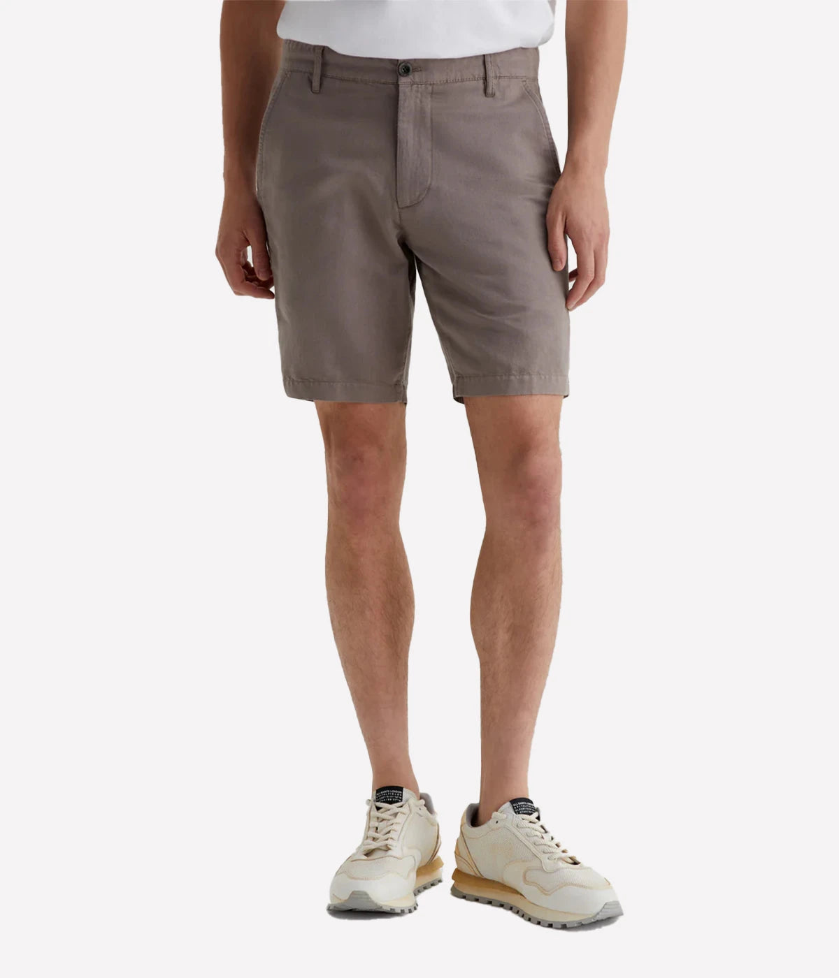 AG Wanderer Shorts in Amber Dust, slim-fit men's shorts with a tapered leg opening, crafted from a breathable linen-cotton blend for all-day comfort. Made in USA.