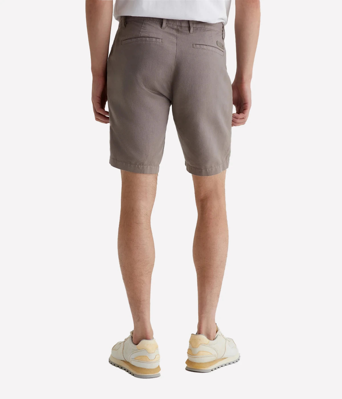 AG Wanderer Shorts in Amber Dust, slim-fit men's shorts with a tapered leg opening, crafted from a breathable linen-cotton blend for all-day comfort. Made in USA.