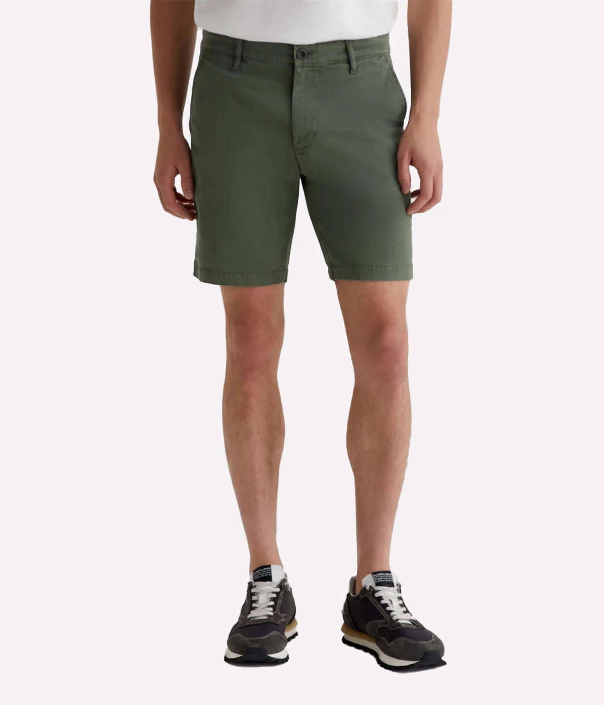 AG Wanderer Slim Fit Shorts in Sulfur Seaside Sage, featuring a sharp trouser look with a tapered leg opening. Made from ultra-lightweight cotton blend fabric for comfort. Material: 97.5% Cotton, 2.5% Elastane. Made in USA.