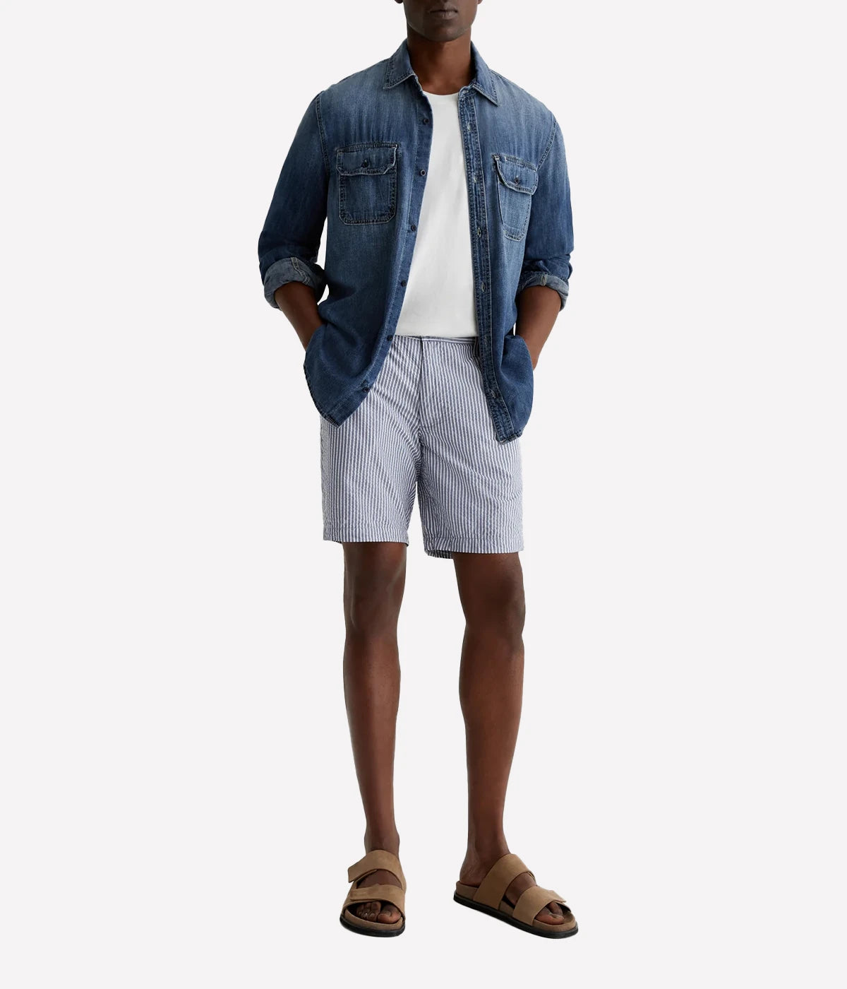 AG Wanderer Slim Fit Shorts in striped seersucker fabric, featuring a sharp trouser look with a tapered leg opening. Material: 100% Cotton. Made in USA.