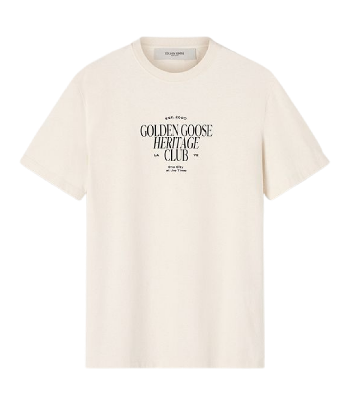 Golden Goose Journey Heritage Club T-Shirt in Heritage White with contrast ribbed crew neck and Heritage Club chest print, front view.
