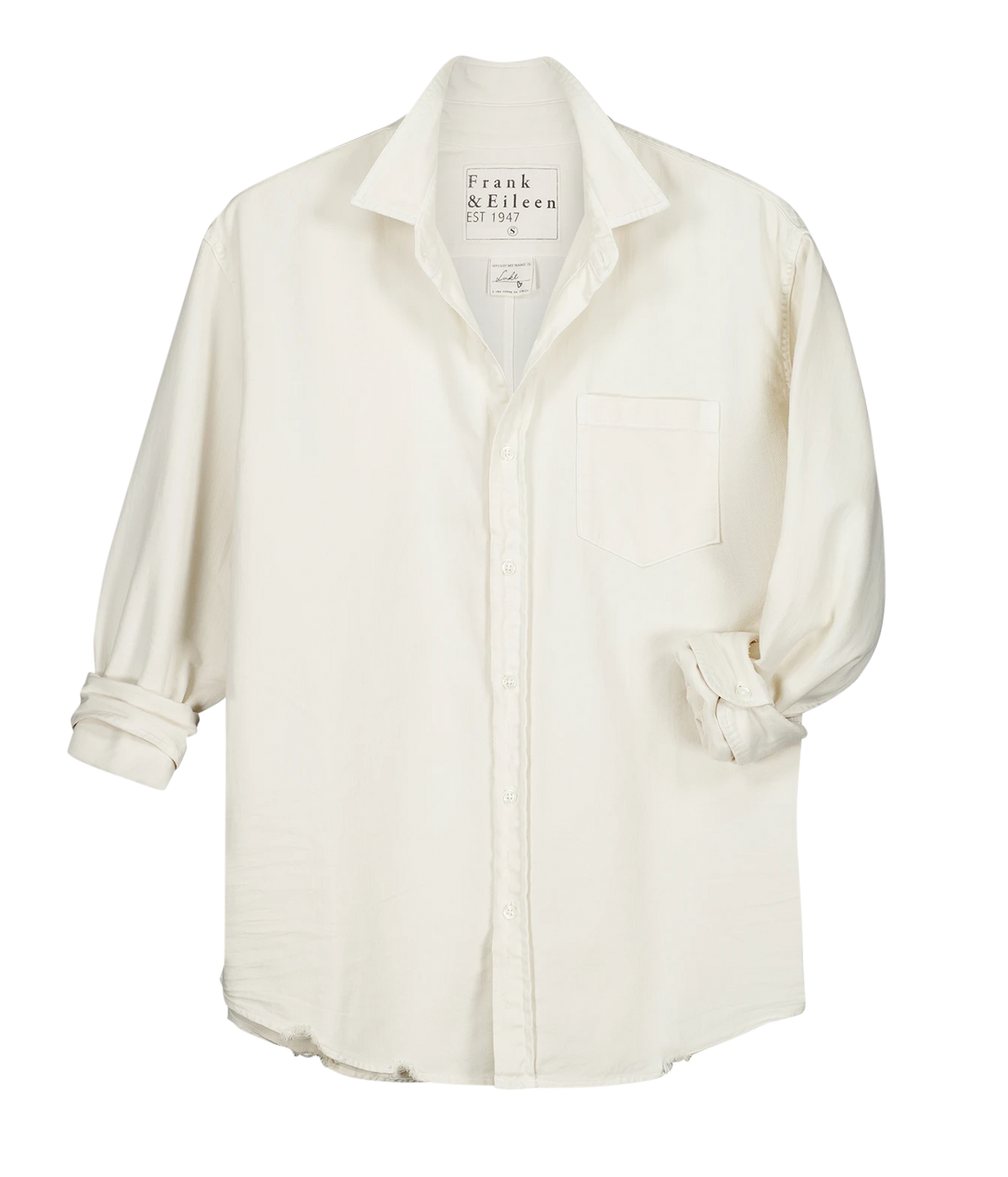 An off-white long-sleeve button-down shirt by Frank & Felicia, featuring a chest pocket and rolled cuffs, displayed flat against a white background.