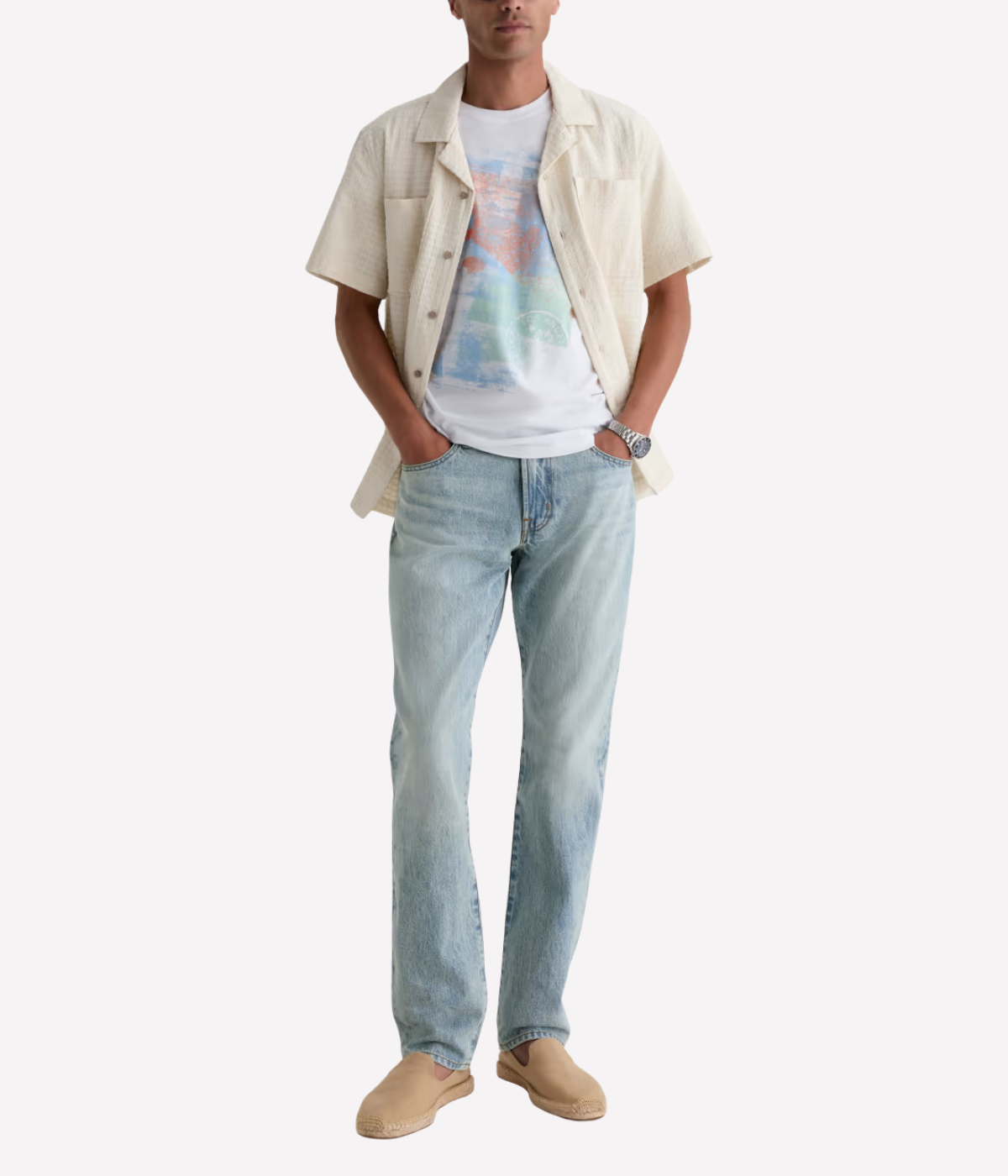 AG Everett Jean in 7 Years Sulfur Ashline worn on model - Front View.