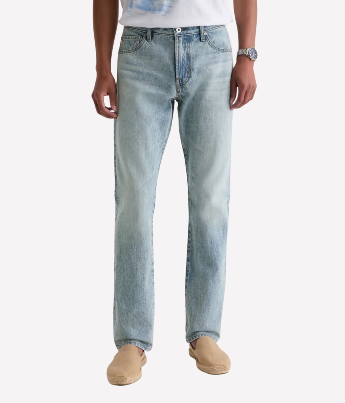 AG Everett Jean in 7 Years Sulfur Ashline worn on model - Front View.