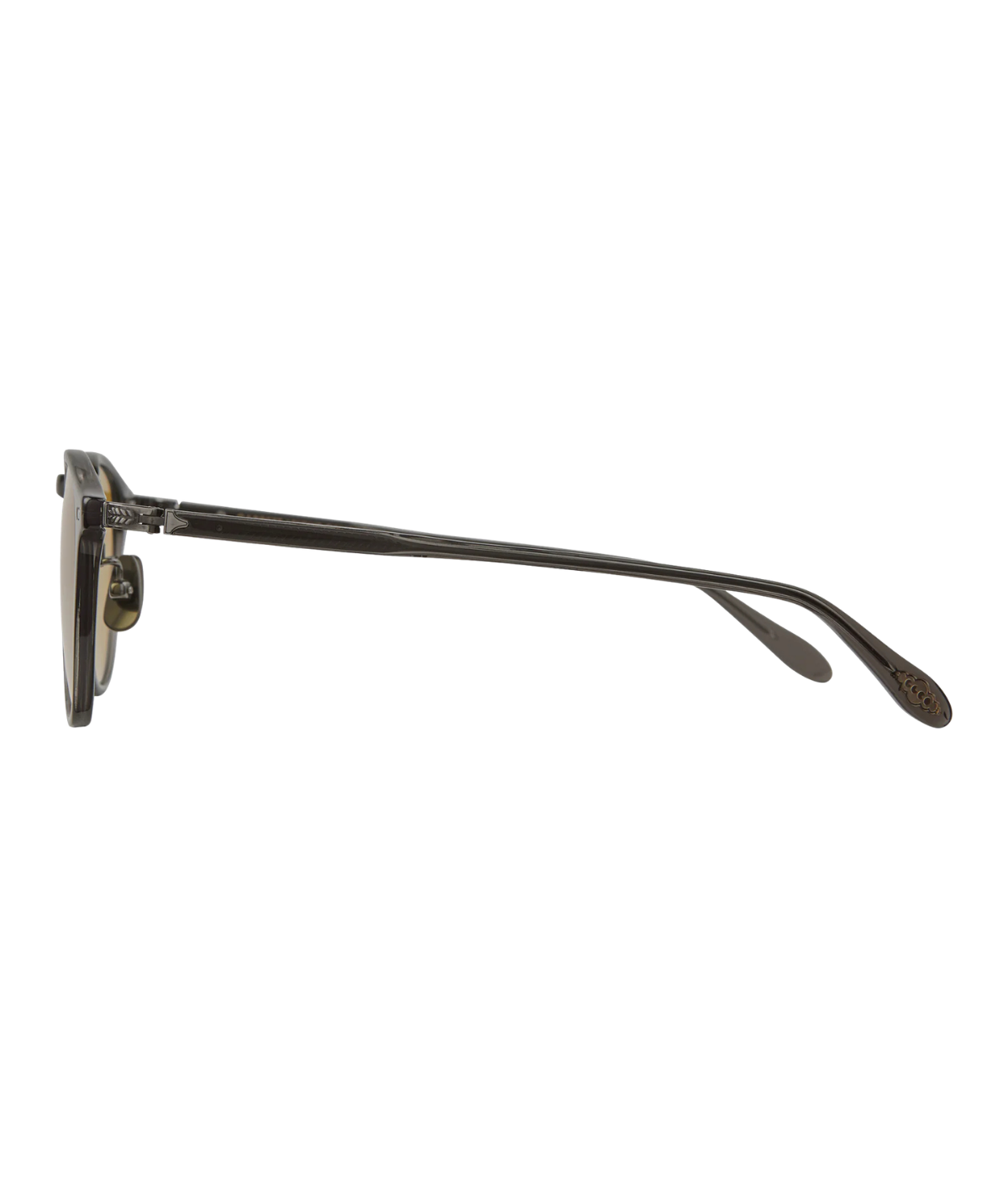 Garrett Leight Hampton J Sun 47 in Eclipse & Pure Mojito side view featuring Fern filigree temples.