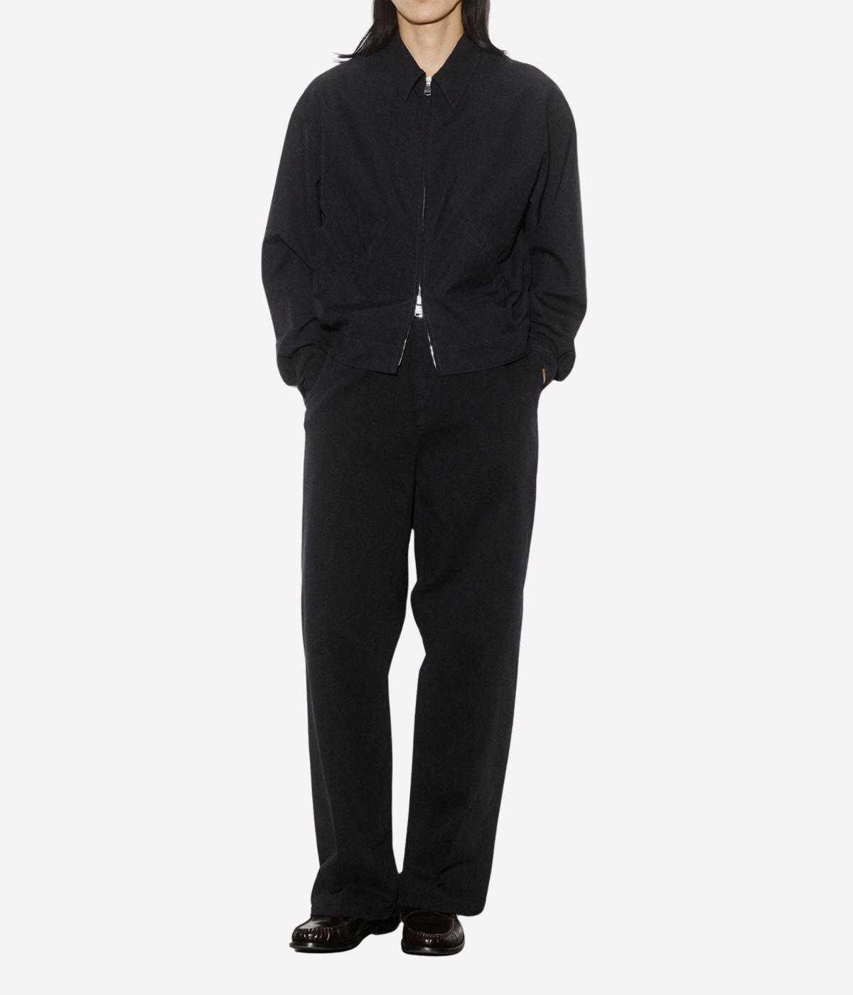 Valstar Stan Bomber Jacket in Navy - Full Length front view on model