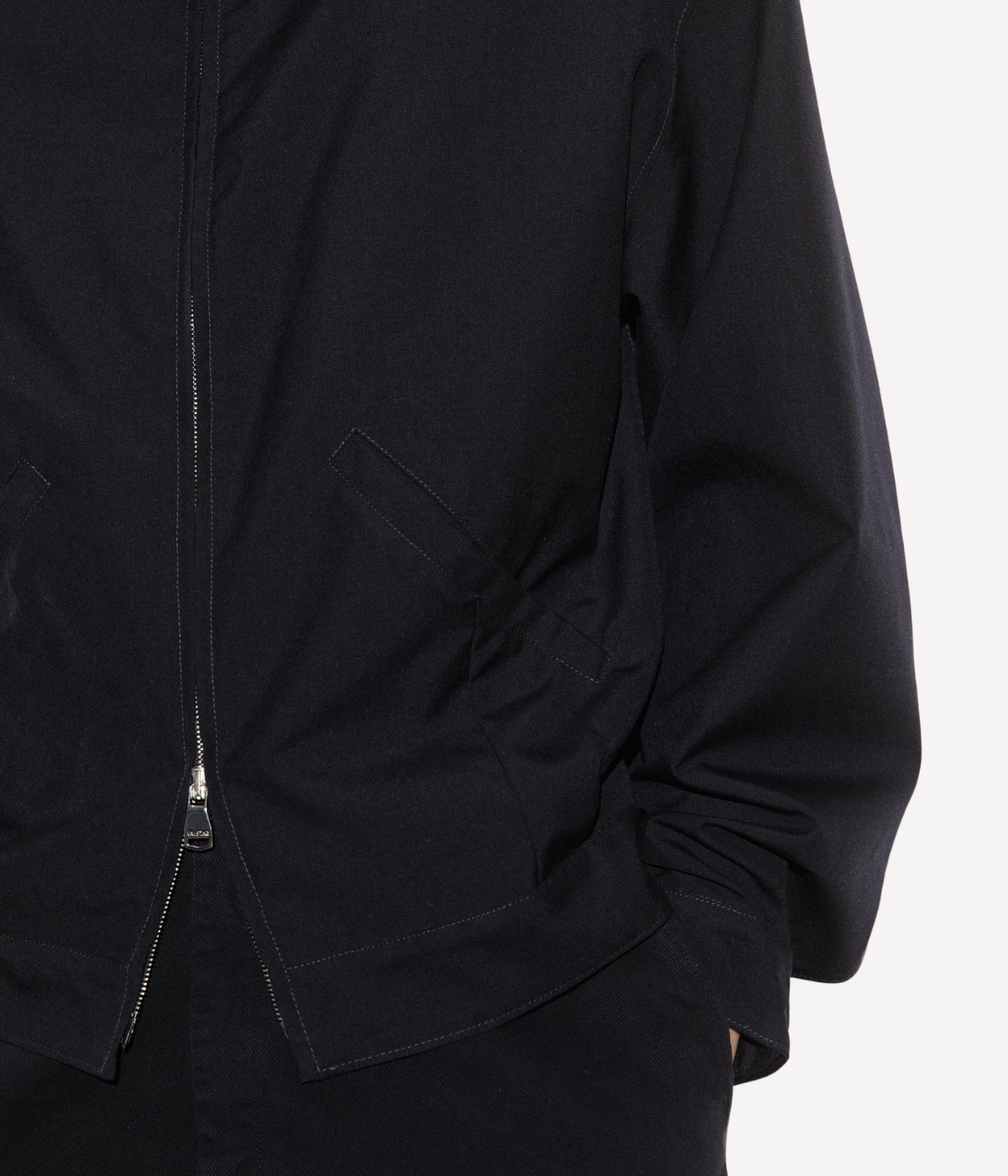 Valstar Stan Bomber Jacket in Navy - Close up zip fastening detail