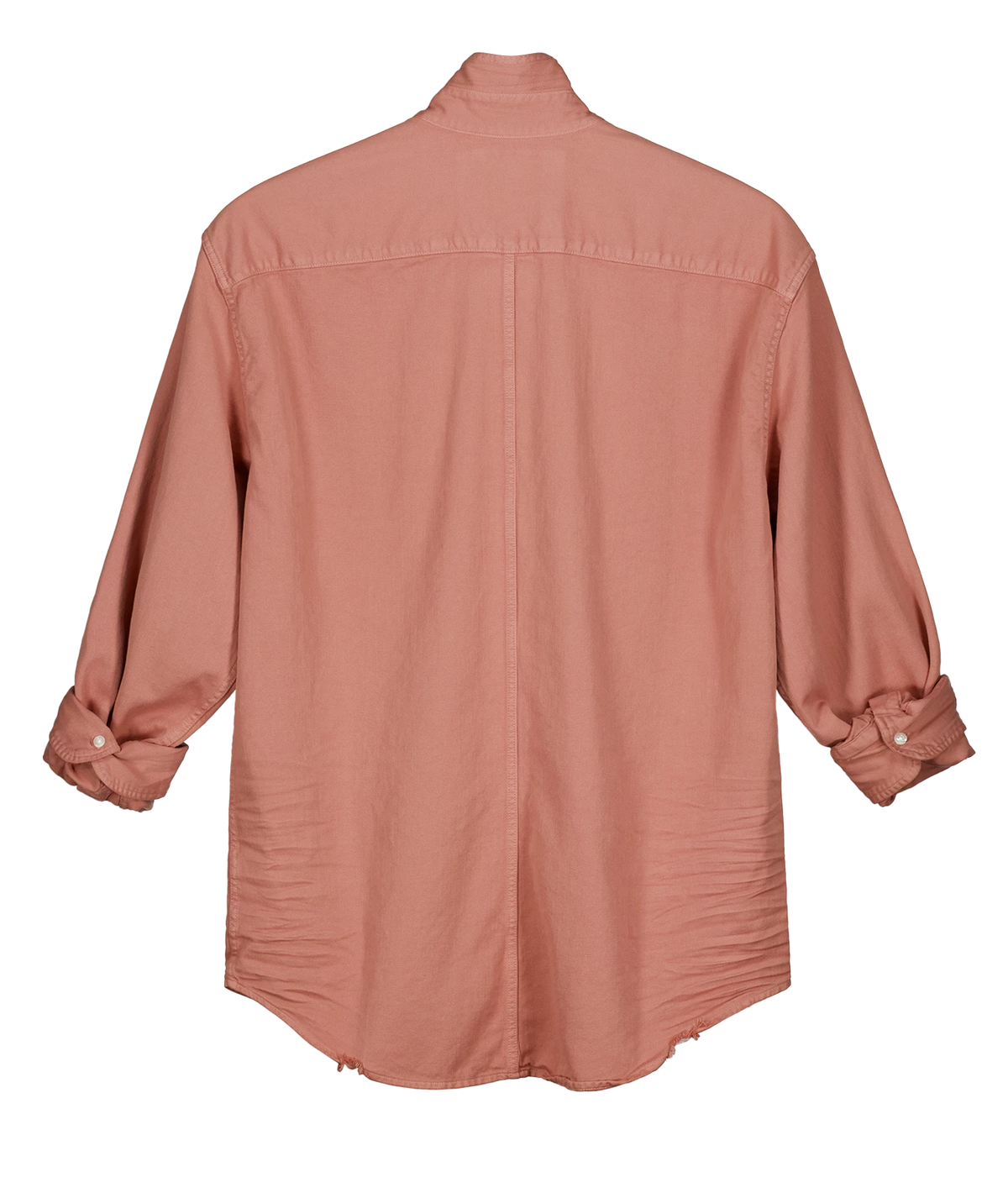 A dusty rose long-sleeve button-up shirt shown from the back, featuring a high collar, a central seam, and rolled-up sleeves with visible buttons, set against a plain white background.