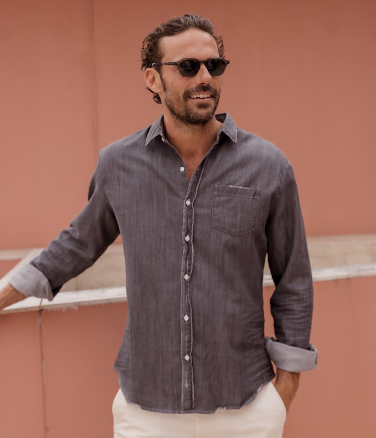 Luke Woven Shirt in Washed Black Denim