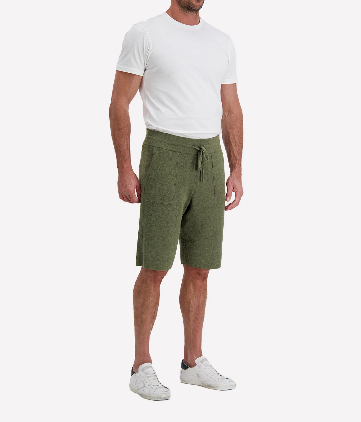 Roberto Collina Knit Bermuda in Militare – Front Angled View Drawstring Knit Shorts