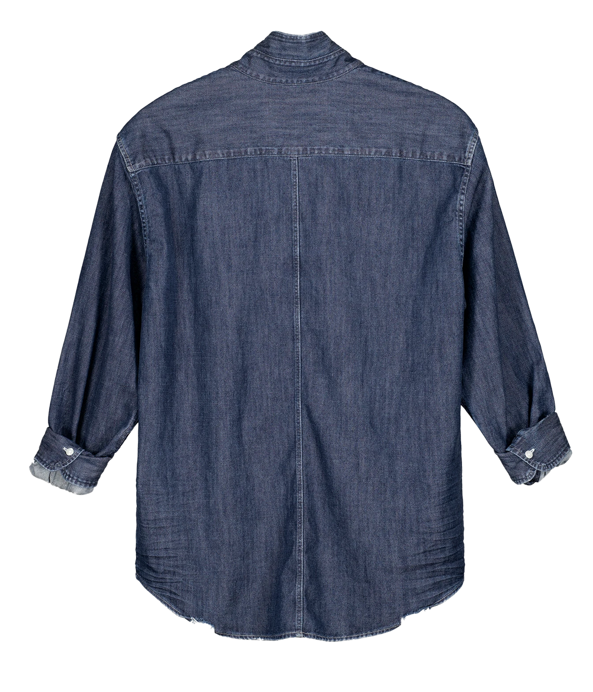 A dark blue denim long-sleeve button-up shirt shown from the back, featuring a high collar, a central seam, and rolled-up sleeves with button cuffs, displayed on a solid white background.