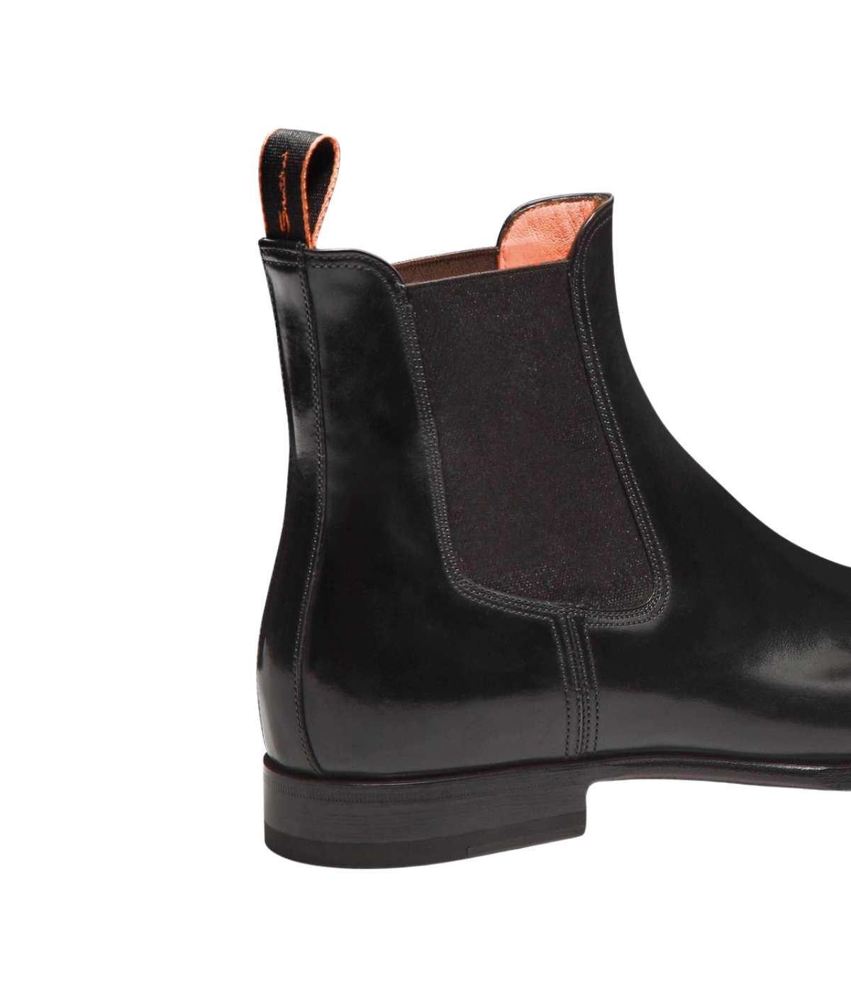 Santoni Archer Boot in Black close up on elasticated side insert and logo tape pull tab.