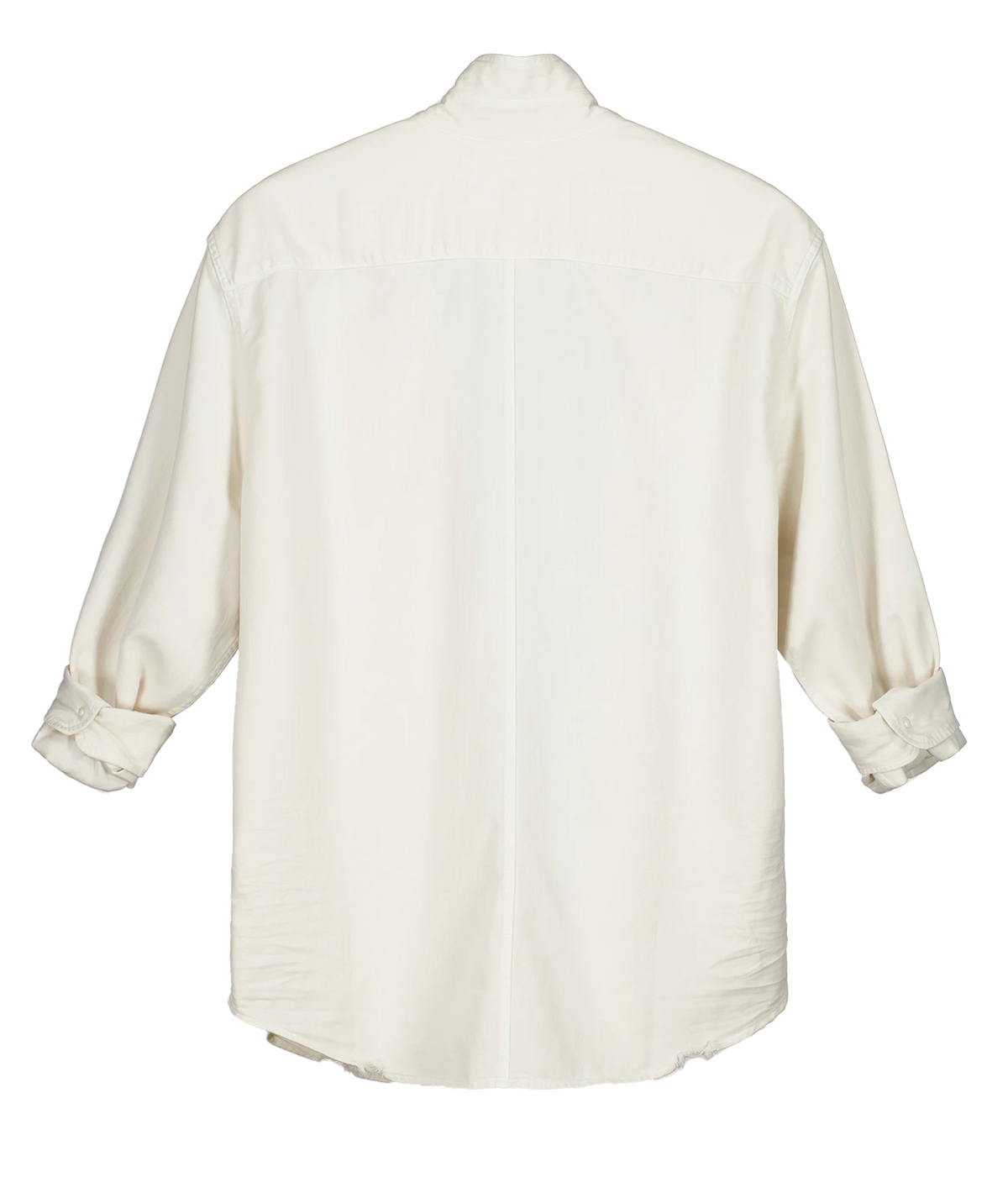 An off-white long-sleeve button-up shirt shown from the back, featuring a high collar, a central back seam, and rolled-up cuffs.