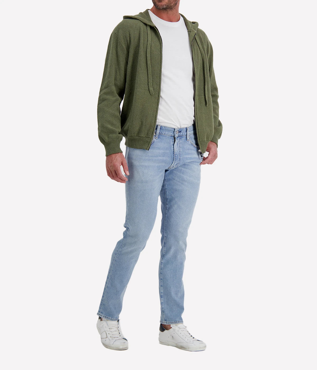 Roberto Collina Knit LS Hoodie in Militare – Front View Full Zip Knit Hoodie