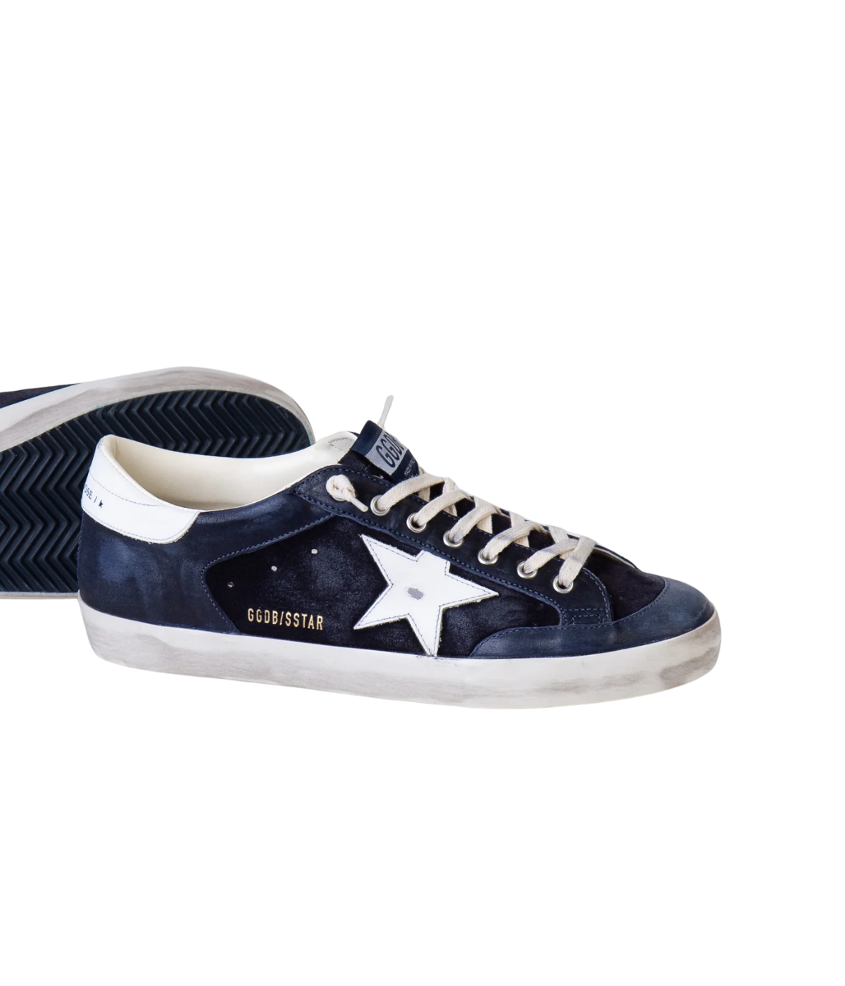 Golden Goose Super-Star Sneaker in Dark Blue & White side view in pair featuring the signature leather star.