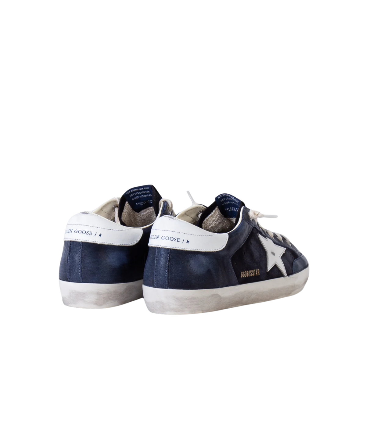 Golden Goose Super-Star Sneaker in Dark Blue & White angled back view featuring the signature leather star.