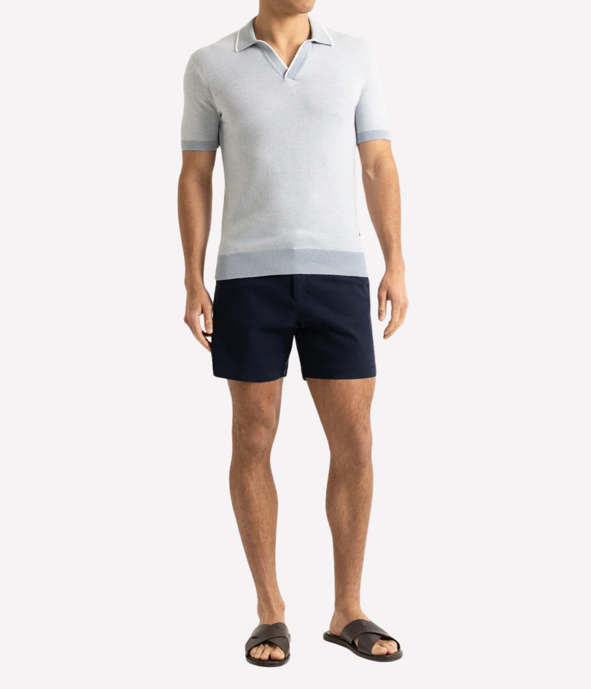 Orlebar Brown Horton Contrast Polo in Surfside Blue and White Sand with contrast tipping, open rib placket and tailored fit - Full Length Front Shot