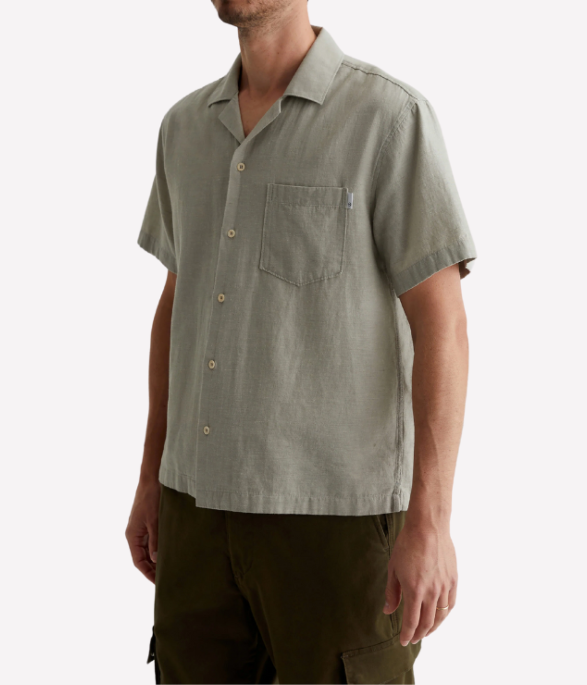 AG Foster Short Sleeve Shirt Dried Bay Leaf On Model Angled Front View Cotton Hemp Camp Collar Shirt