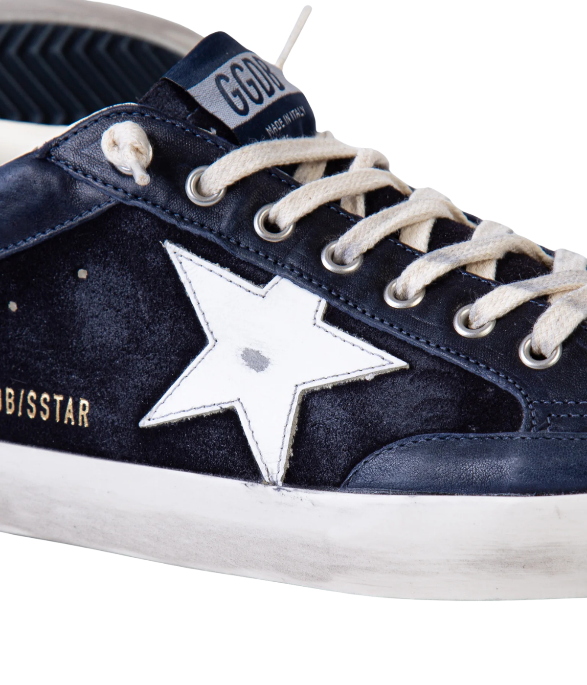 Golden Goose Super-Star Sneaker in Dark Blue & White Close Up view featuring the signature leather star.