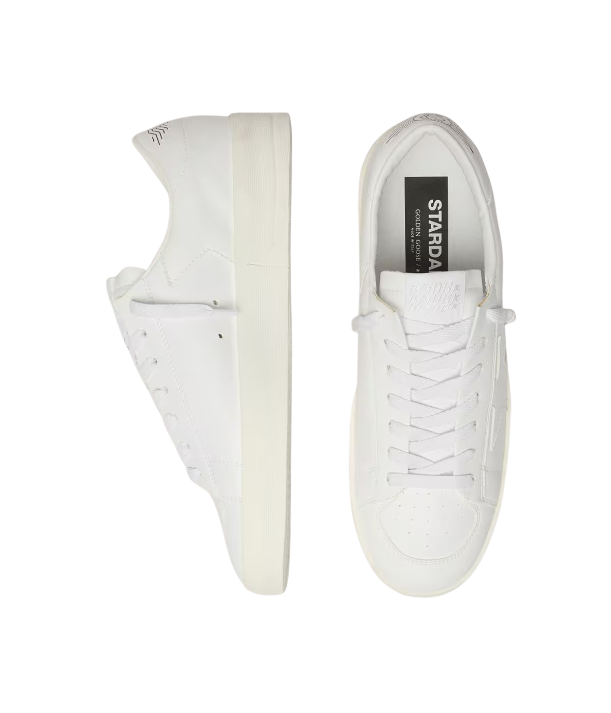 Golden Goose Stardan low-top sneakers in Optic White with a smooth leather upper and signature leather star, Top View.