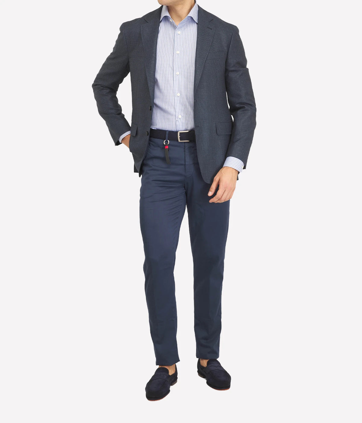 Man wearing Marco Pescarolo New York Cotton Silk Trouser in Navy with a grey blazer and white shirt, front view