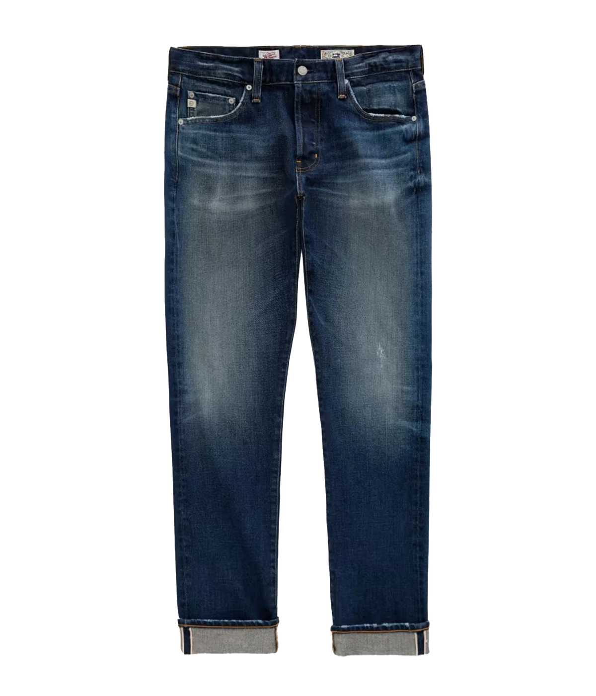 A pair of dark blue denim jeans with a faded wash, featuring rolled cuffs showing a light gray inner lining, photographed against a solid white background.