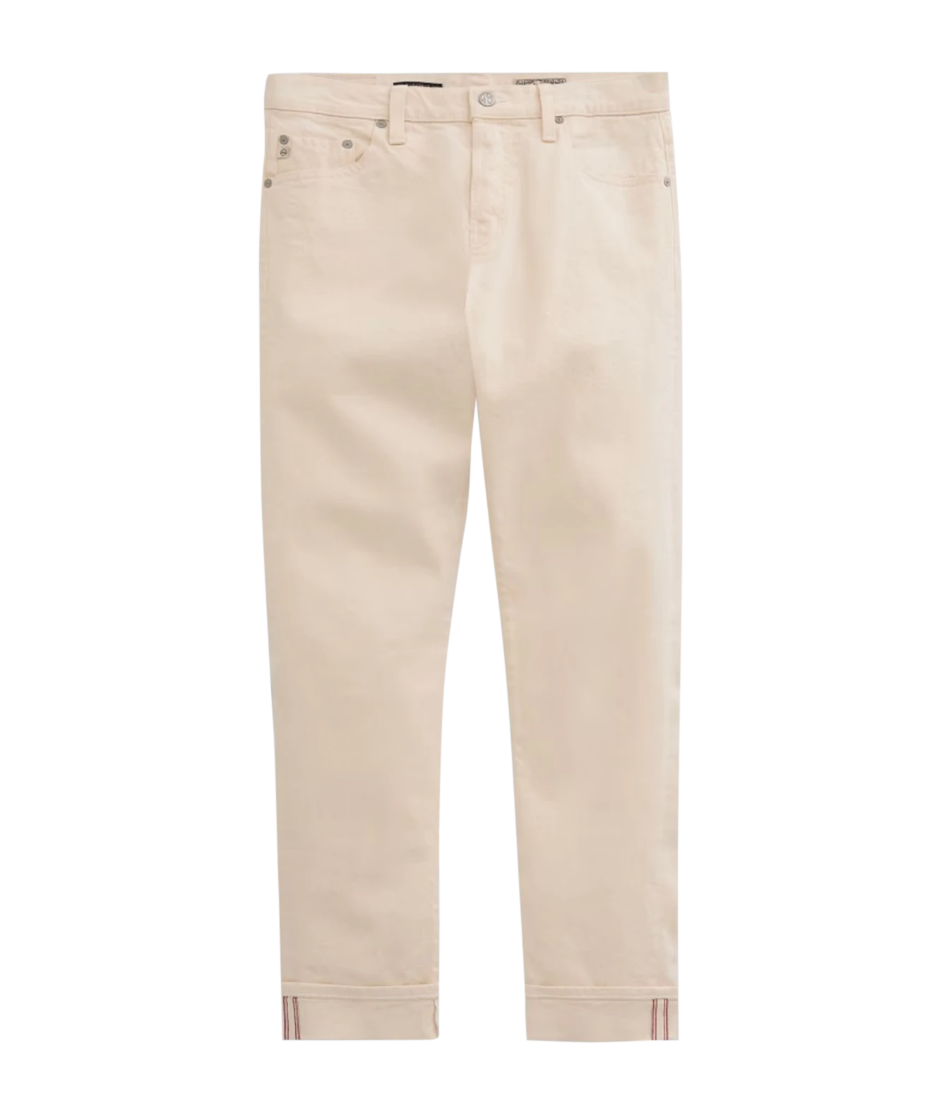 A pair of light beige slim-fit jeans shown flat against a solid white background.