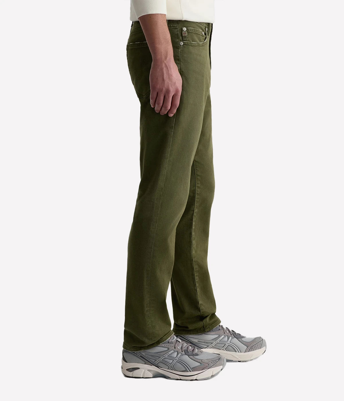 AG Everett 7 Years Sulfur Coastal Moss On Model Side View Slim Straight Pant