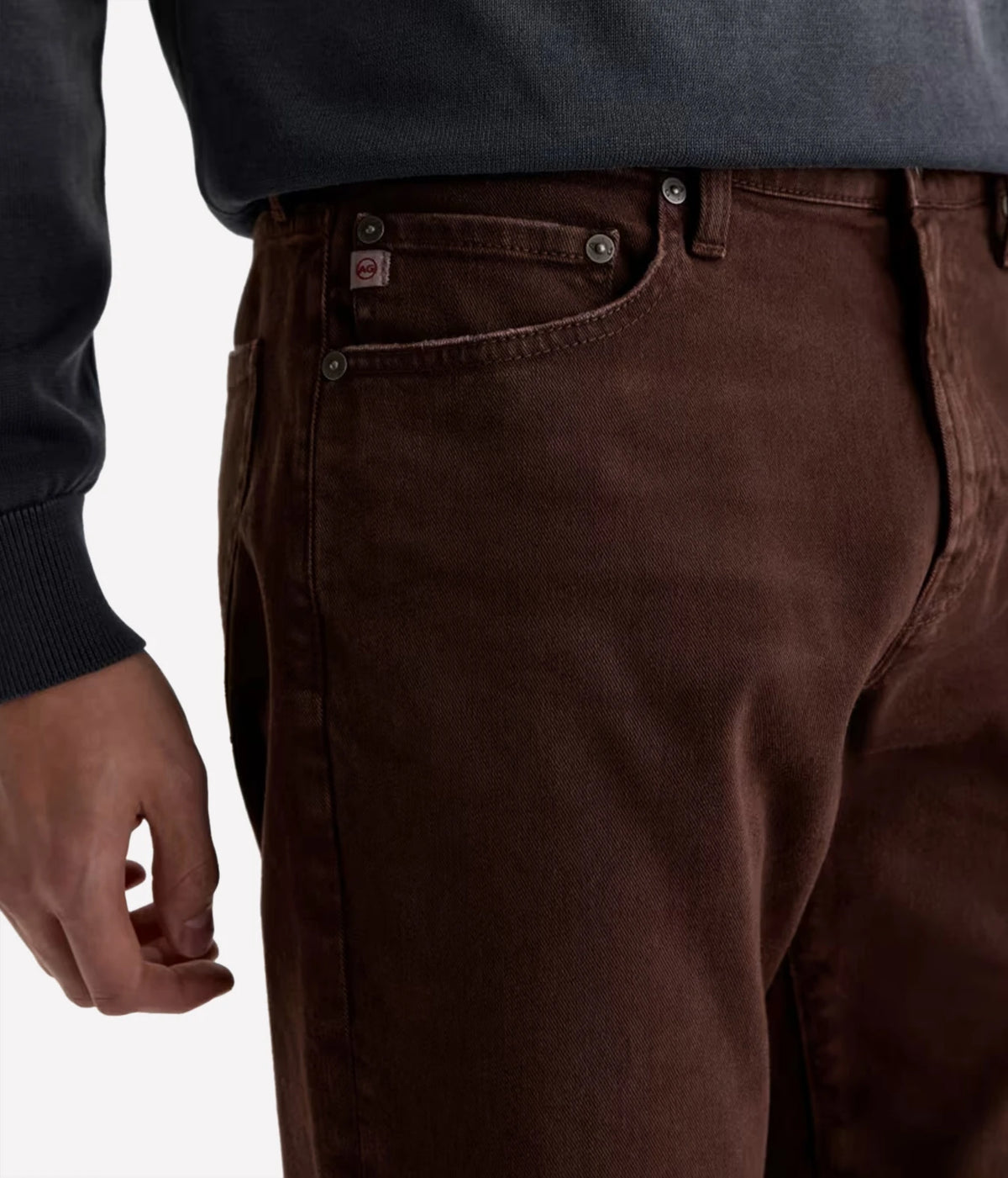 Close-up of AG Everett Jean in 7 Years Sulfur Wood Brown showing the front and coin pockets