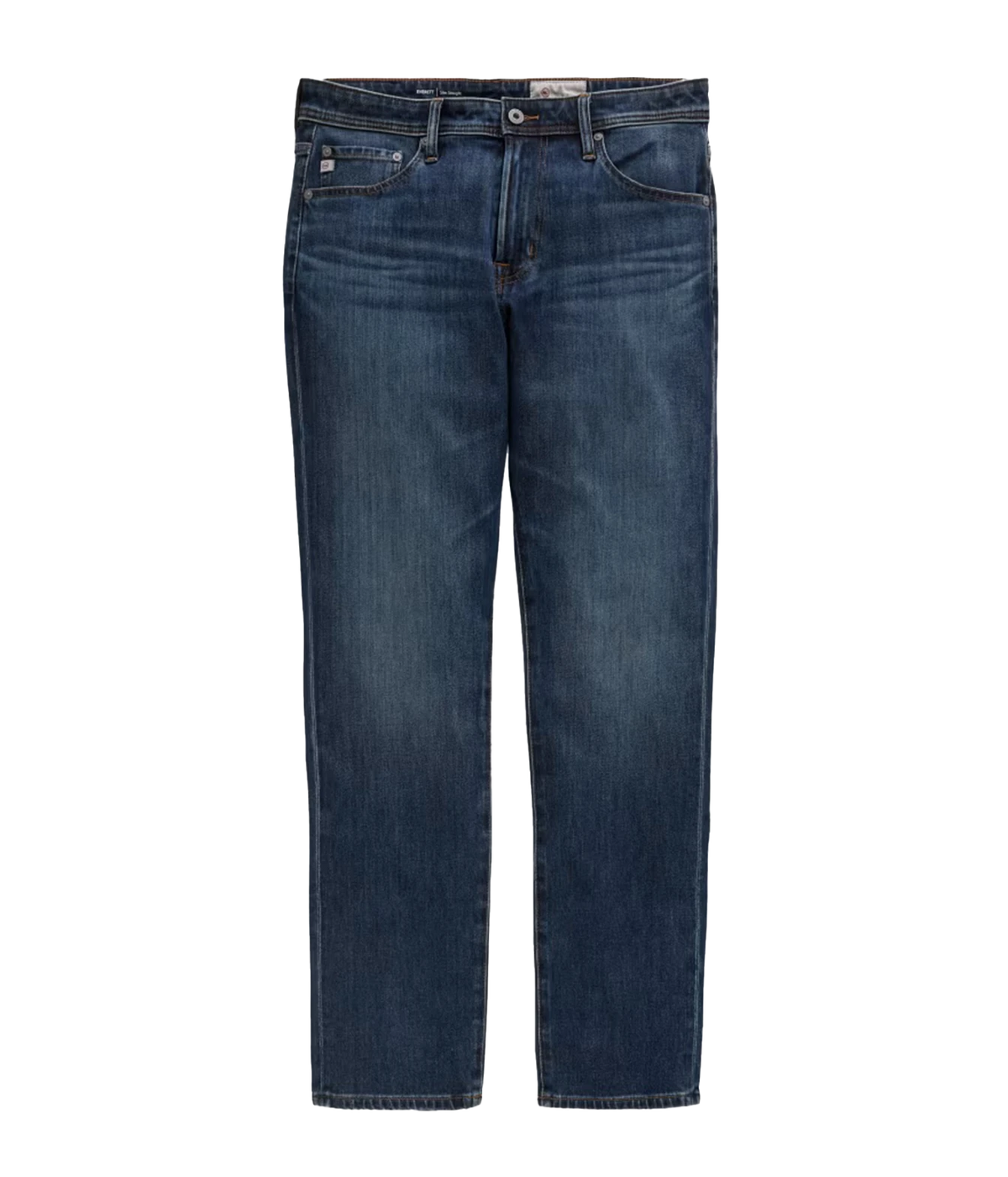 A pair of dark blue denim jeans with a straight-leg fit, shown flat against a solid white background.