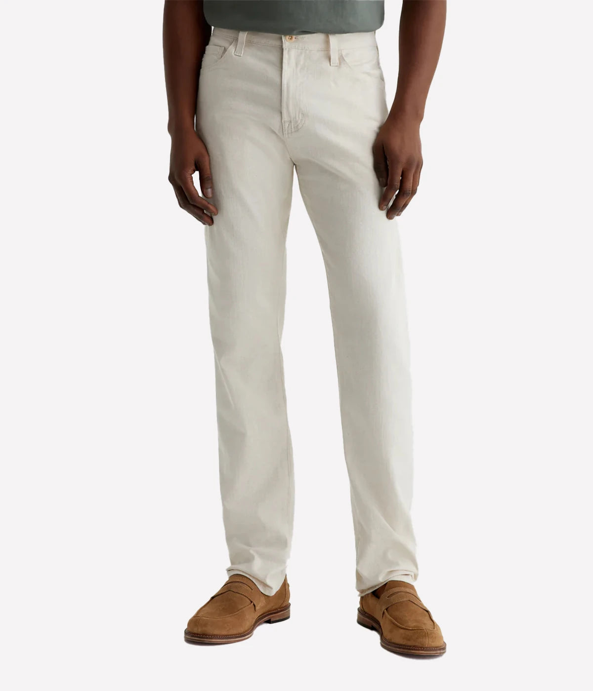Everett Slim Straight Jeans in a cotton-linen blend, offering a slight taper at the leg. Soft and breathable with a touch of stretch, featuring classic five-pocket styling. Material: 57% Cotton, 30% Lyocell, 11% Linen, 2% Elastane. Made in USA.
