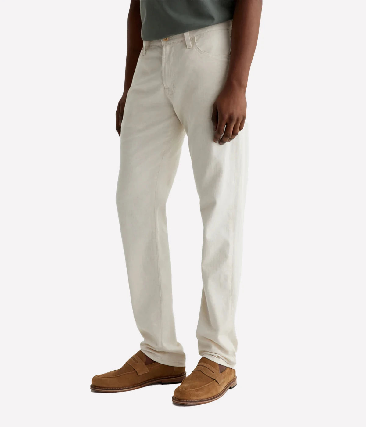 Everett Slim Straight Jeans in a cotton-linen blend, offering a slight taper at the leg. Soft and breathable with a touch of stretch, featuring classic five-pocket styling. Material: 57% Cotton, 30% Lyocell, 11% Linen, 2% Elastane. Made in USA.