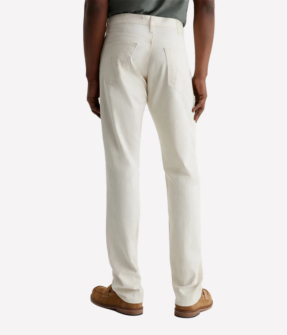 Everett Slim Straight Jeans in a cotton-linen blend, offering a slight taper at the leg. Soft and breathable with a touch of stretch, featuring classic five-pocket styling. Material: 57% Cotton, 30% Lyocell, 11% Linen, 2% Elastane. Made in USA.