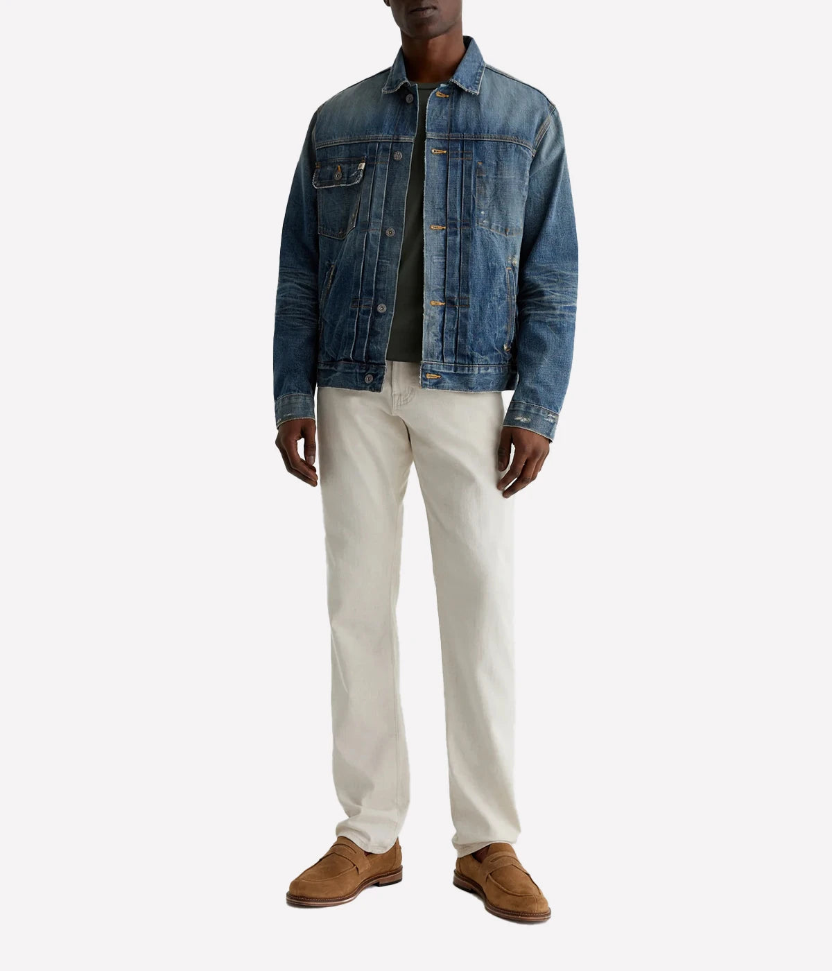 Everett Slim Straight Jeans in a cotton-linen blend, offering a slight taper at the leg. Soft and breathable with a touch of stretch, featuring classic five-pocket styling. Material: 57% Cotton, 30% Lyocell, 11% Linen, 2% Elastane. Made in USA.