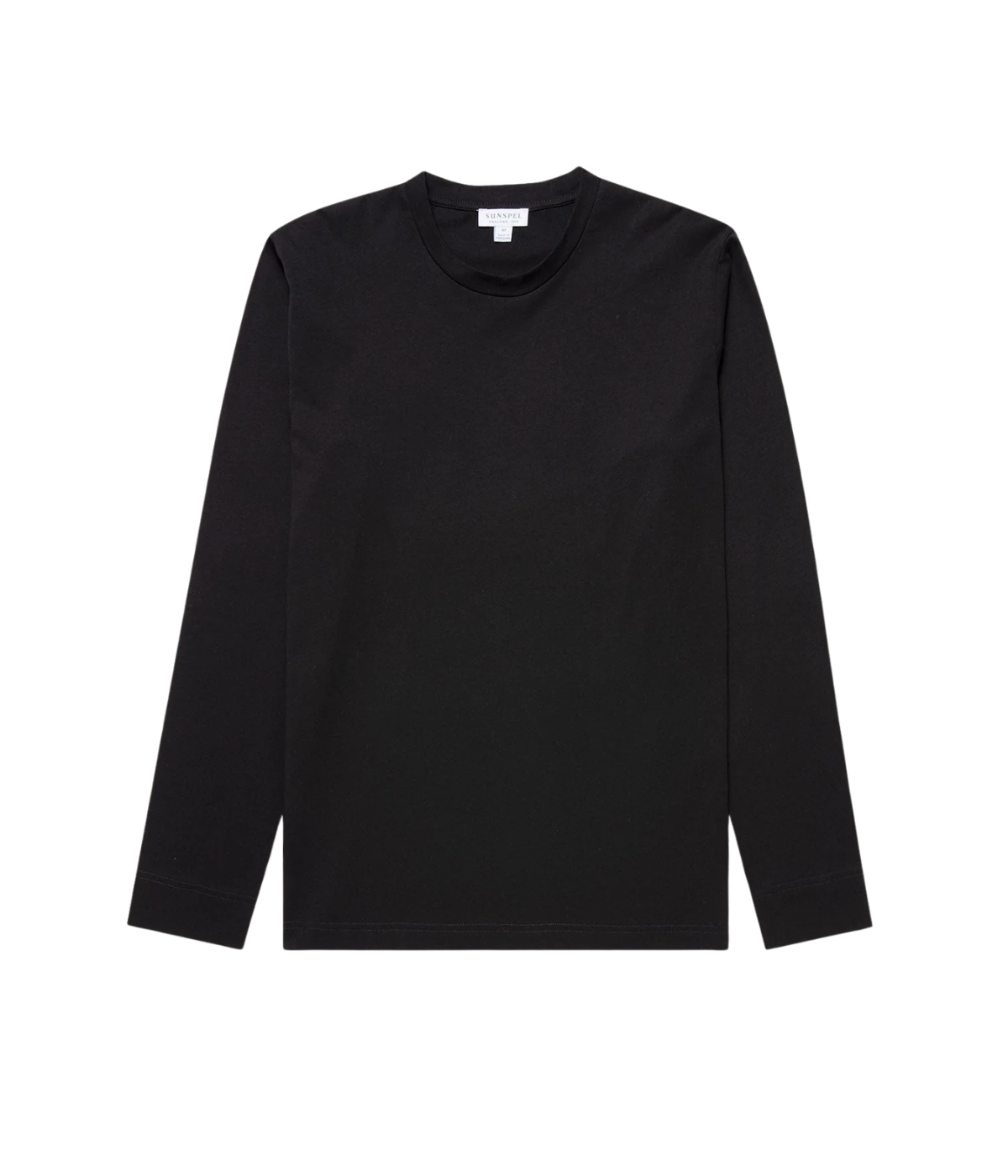 Sunspel Long Sleeve Riviera T-Shirt in Black flat lay view of slim-fit midweight Supima cotton long sleeve tee
