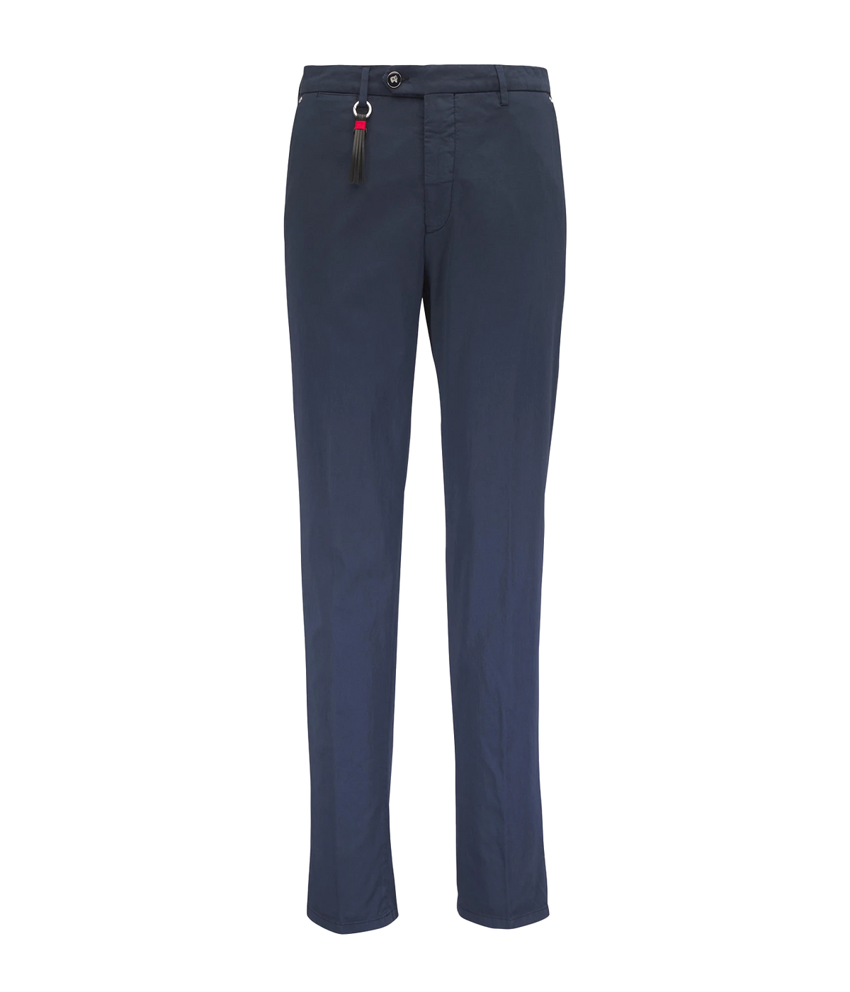 Front product view of Marco Pescarolo New York Cotton Silk Trouser in Navy showing the charm detail at the belt loop