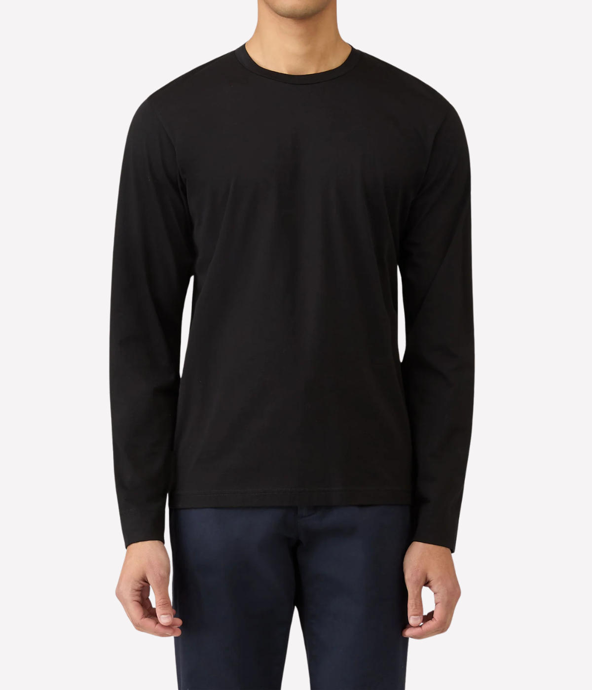 Sunspel Long Sleeve Riviera T-Shirt in Black worn on model front view showing slim fit and clean silhouette