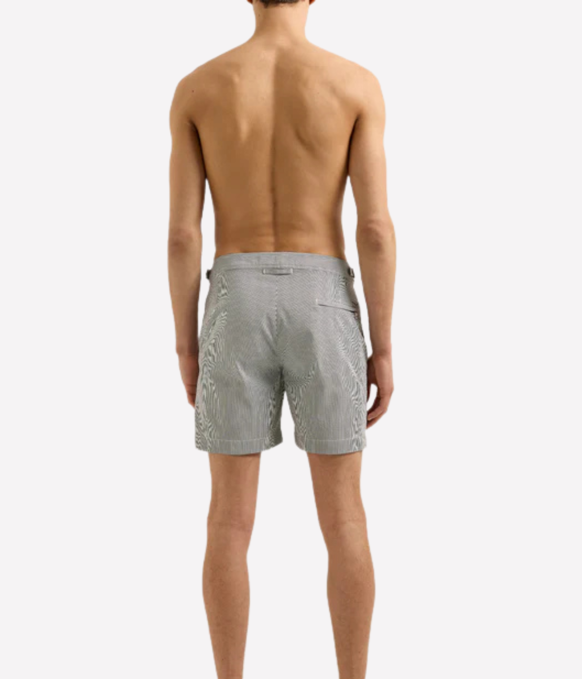 Orlebar Brown Bulldog Seersucker Stripe in Charcoal / White Stripe back view on model.