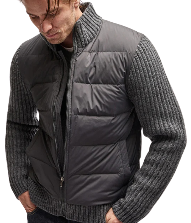 James Perse mixed media funnel neck jacket with quilted detailing, soft cashmere-wool blend sleeves and neck, crafted from Italian fabric