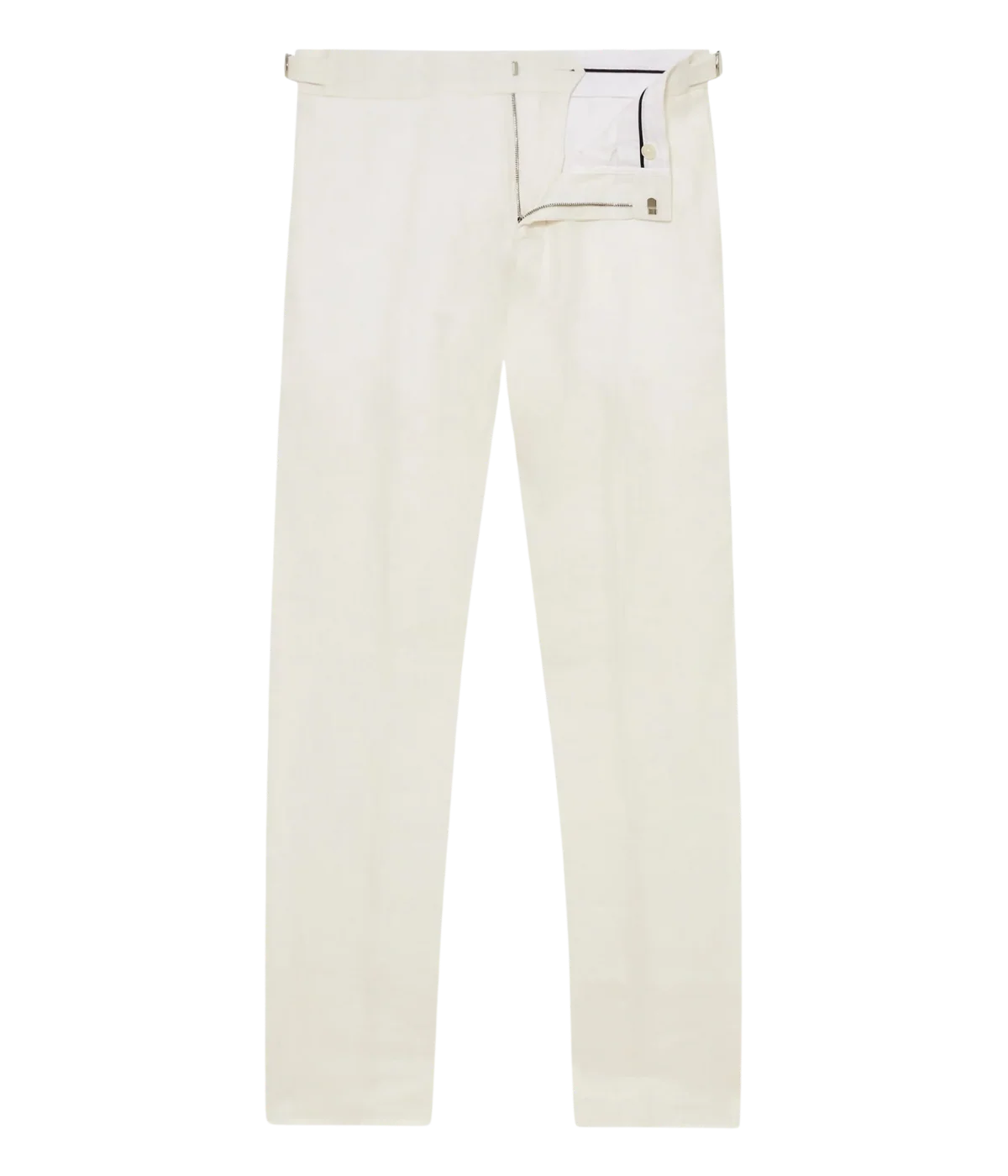 Orlebar Brown Griffon Trouser in White Sands crafted from premium Italian-woven linen with a tailored fit, tapered leg, adjustable side tabs, and welt back pockets in flat lay view.