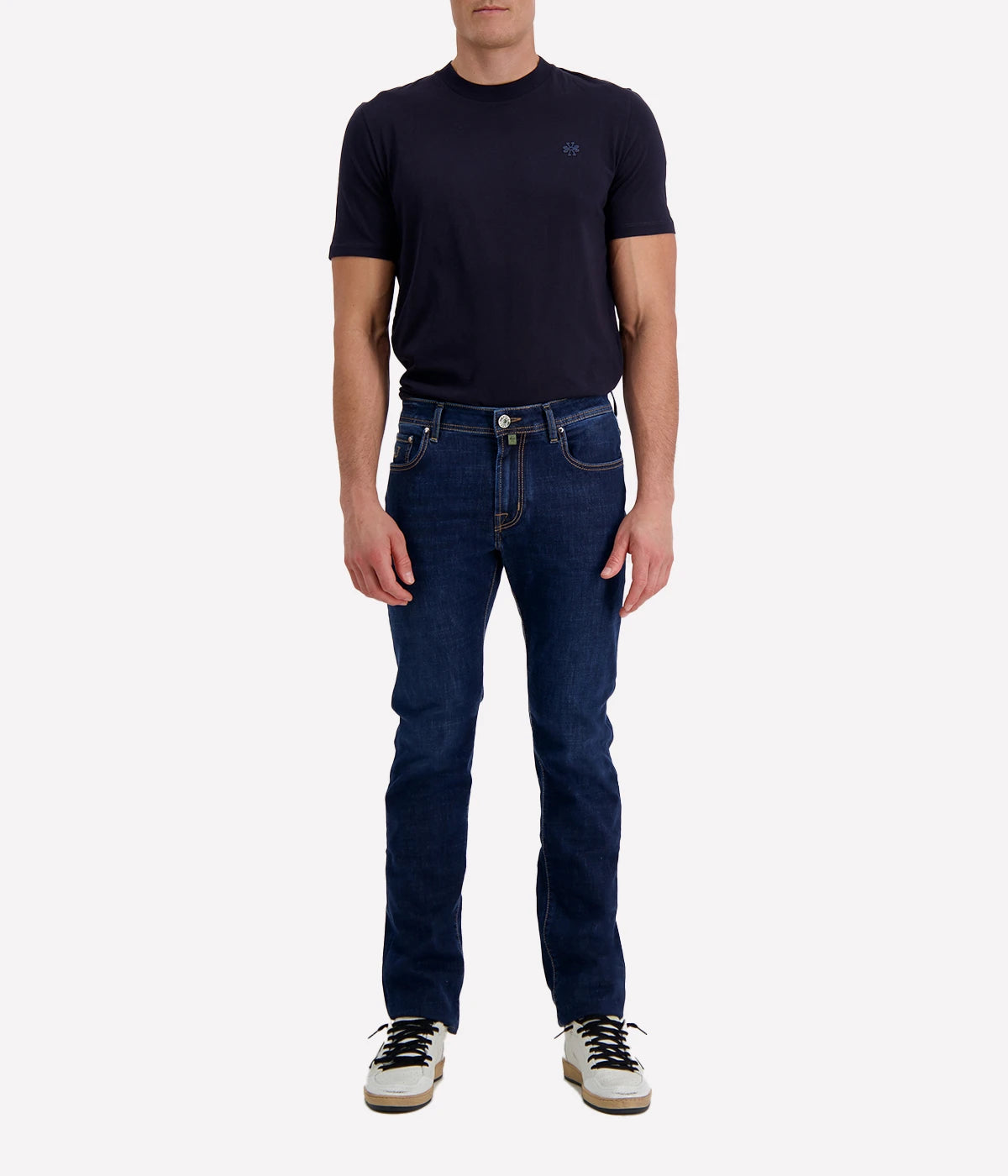 Bard 5 Pkt Slim Fit in 200D Medium Blue Suede Olive Patch