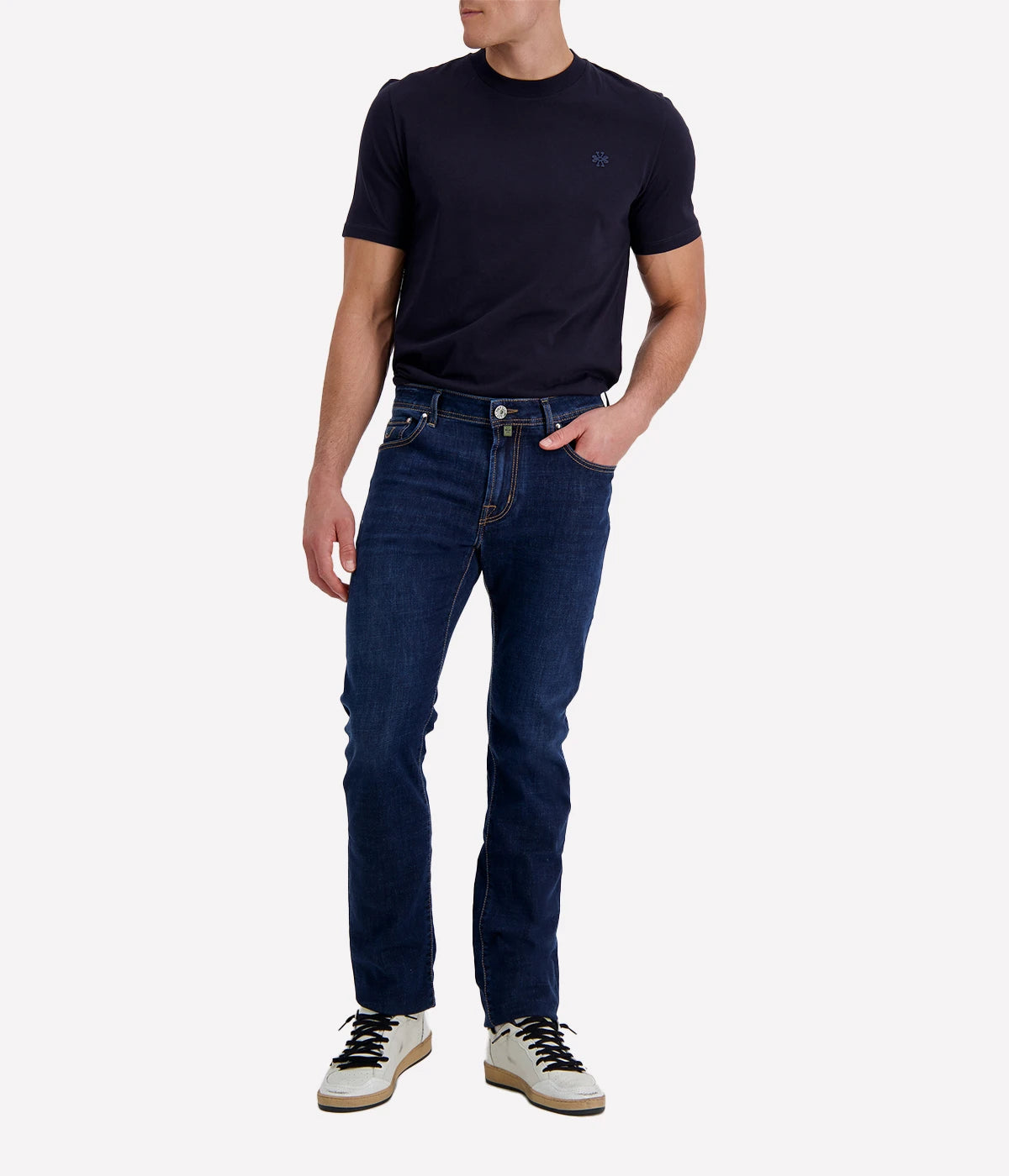 Bard 5 Pkt Slim Fit in 200D Medium Blue Suede Olive Patch