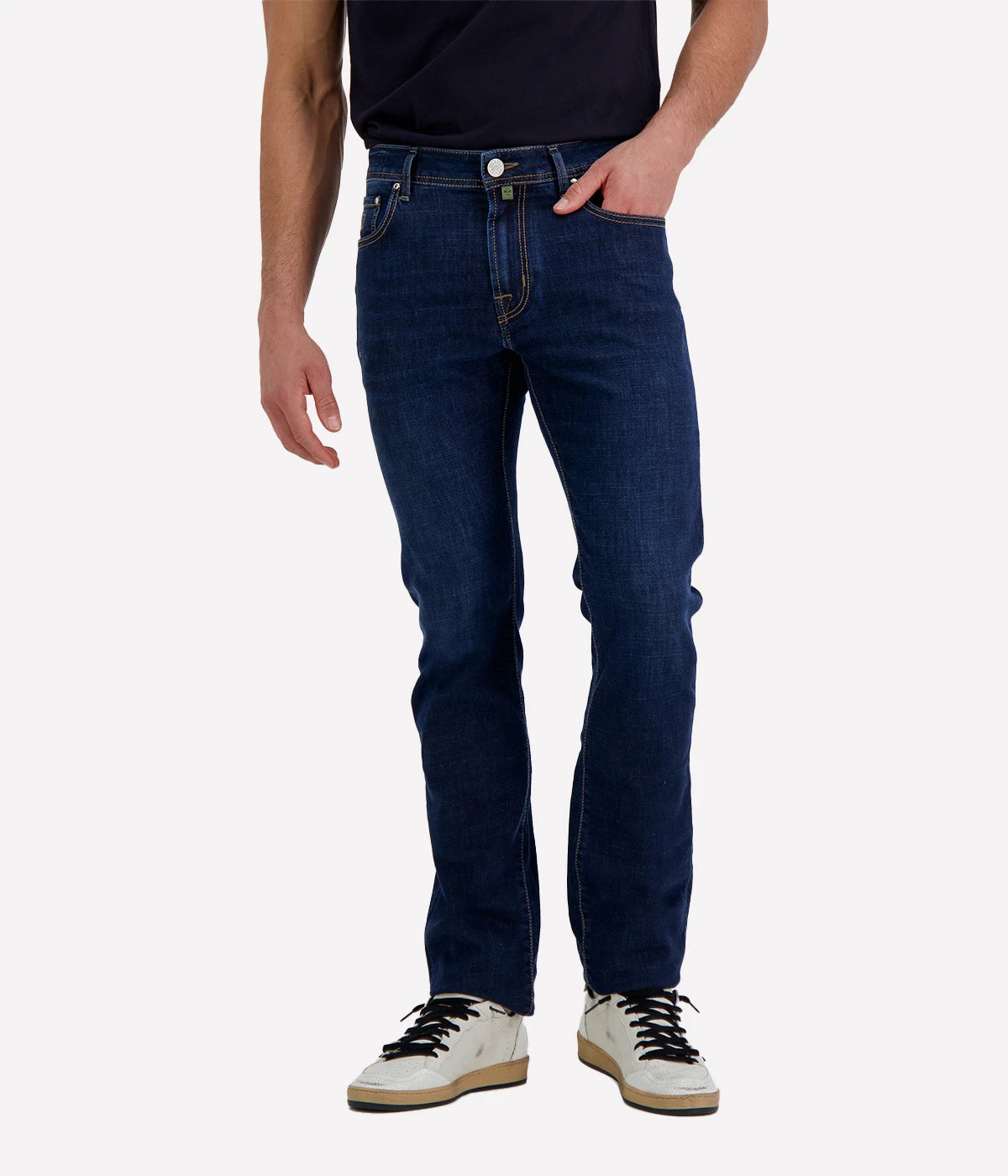 Bard 5 Pkt Slim Fit in 200D Medium Blue Suede Olive Patch