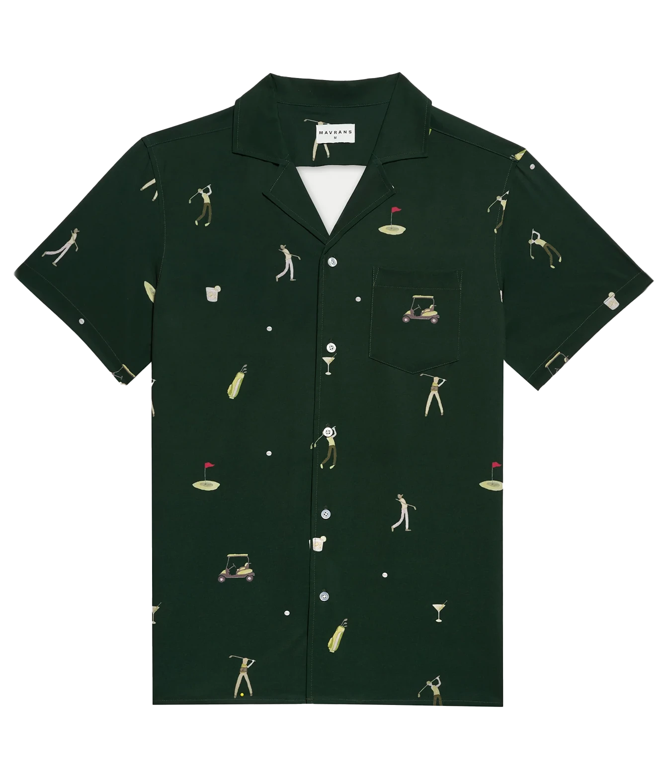 A dark green short-sleeve button-up shirt with a golf-themed all-over print, featuring golf clubs, golf balls, golf carts, and players. The shirt has a pointed collar, a chest pocket, and a white inner collar lining, shown flat against a white background.