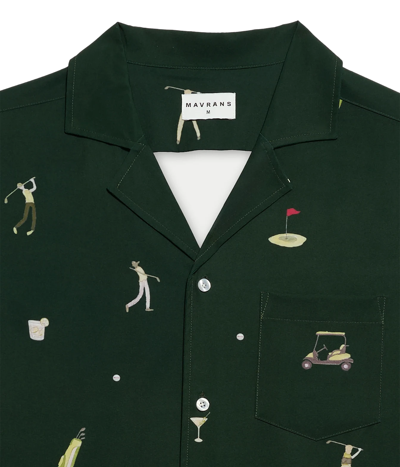 A dark forest green short-sleeve button-up shirt by Mavrans, featuring a golf-themed print with illustrated golfers, a golf cart, a flagstick, and golf balls. The shirt is displayed flat against a clean white background.