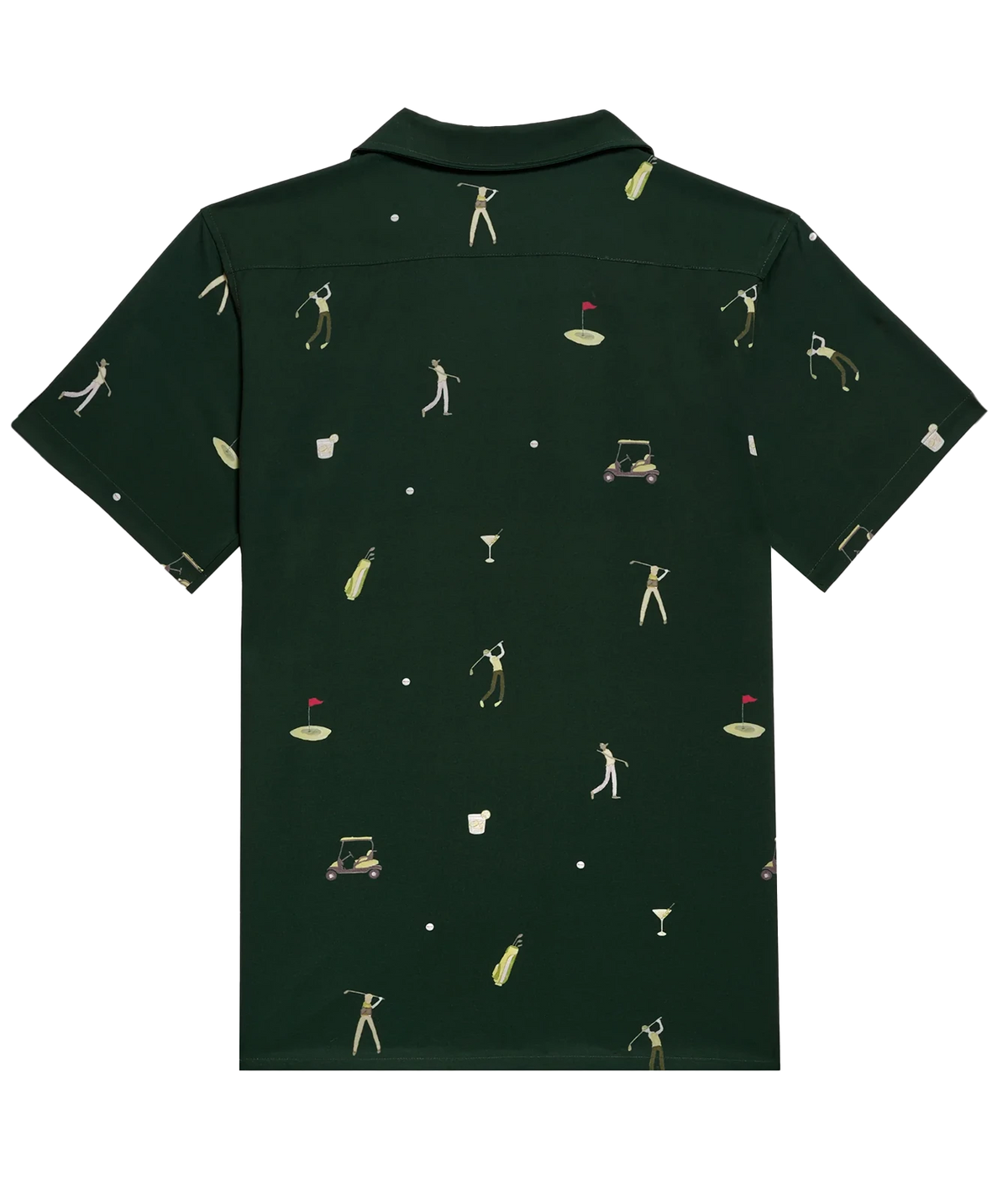 A dark green short-sleeve polo shirt with an allover golf-themed print featuring golfers, golf carts, flags, and drinks, shown against a plain white background.