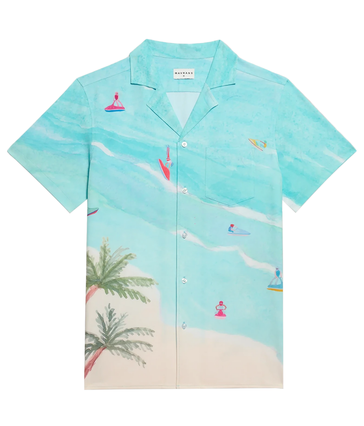 A short-sleeve button-up camp shirt by Mikaela Davis featuring a tropical beach print with turquoise water, palm trees, and small surfers on a white background.
